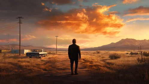 Solitary suited figure confronts vast desert highway at sunset