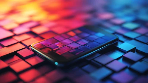 Modern smartphone on abstract colorful tiles, digital art style.