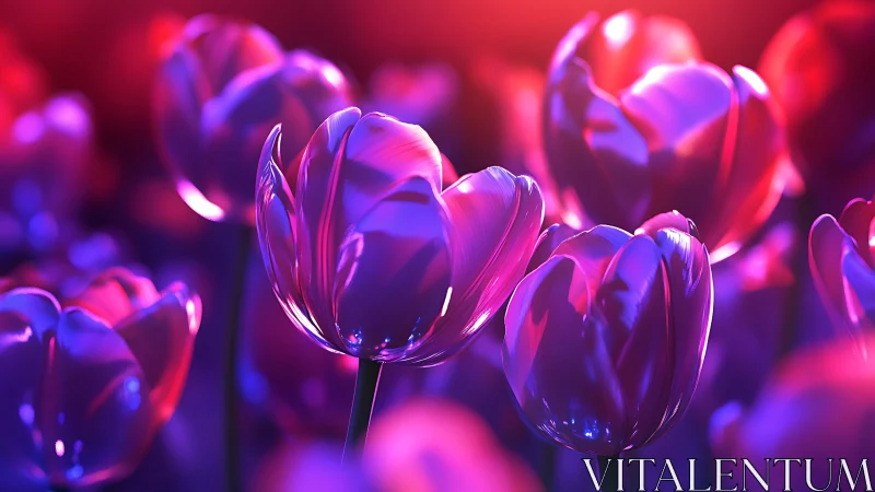 Digital tulips rendered with neon-gradient chromatic lighting and glass refraction surfaces