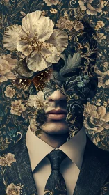 Floral masked man in suit with ornate botanical overlay.