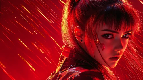 Cybernetic woman in red neon backlight with motion streaks