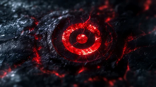 Glowing red target symbol in cracked dark molten rock.