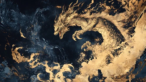 Golden draconic surge in dark ether, dynamic digital painting.
