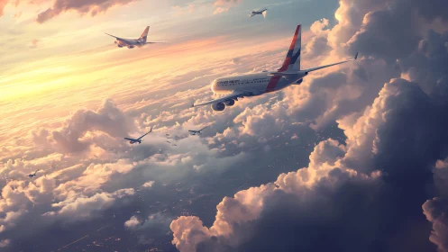 Multi-aircraft sunset formation through stratocumulus cloudscape.