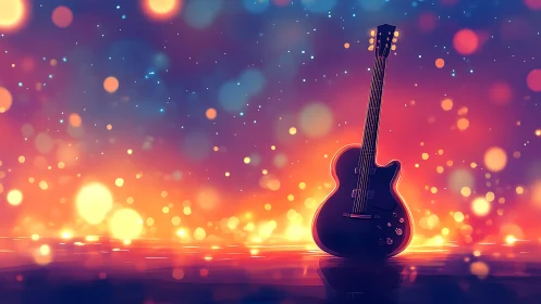 Electric guitar silhouette against bokeh sunset stage glow
