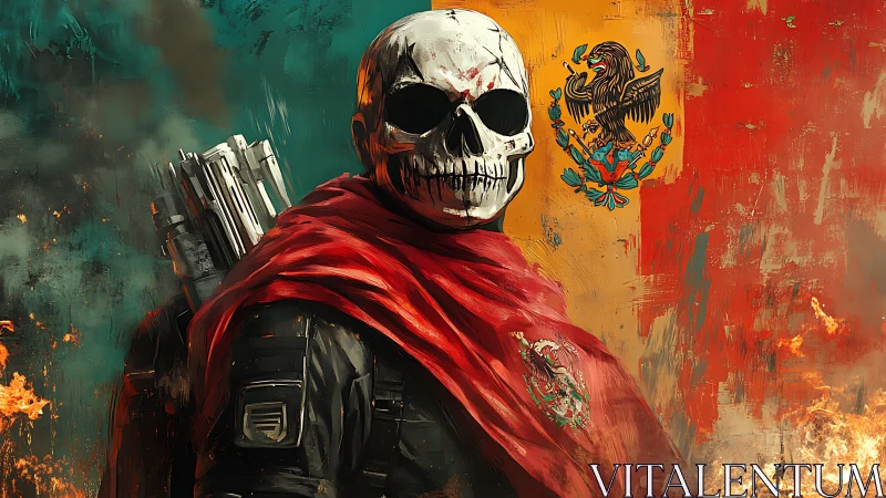 Skull-masked soldier before tricolor flag in burning scene.