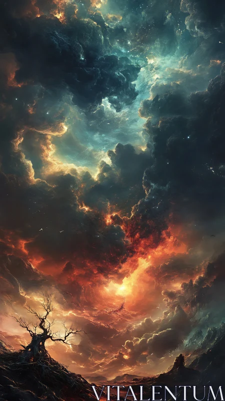 Blazing cosmic storm swirls above a lonely twisted tree