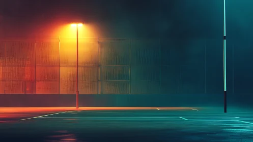 Empty court sits under split orange and teal street lighting
