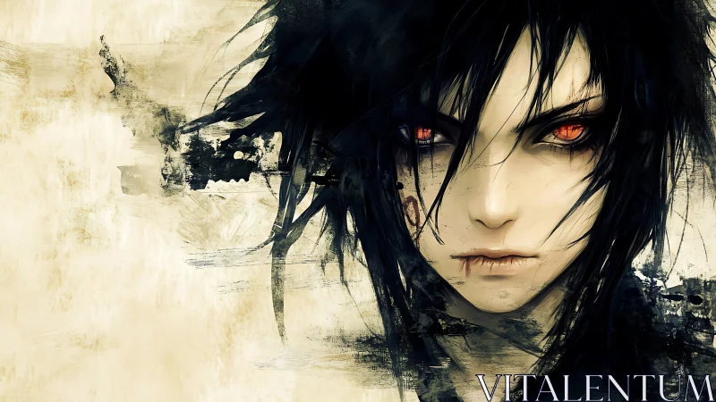 Haunting crimson-eyed antihero in abstract ink storm art.