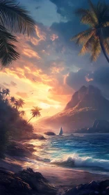 Tropical Sunset Coastline with Palm Trees and Sailboat.