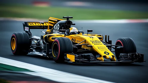 Front-angle capture of yellow F1 car under high-speed cornering load