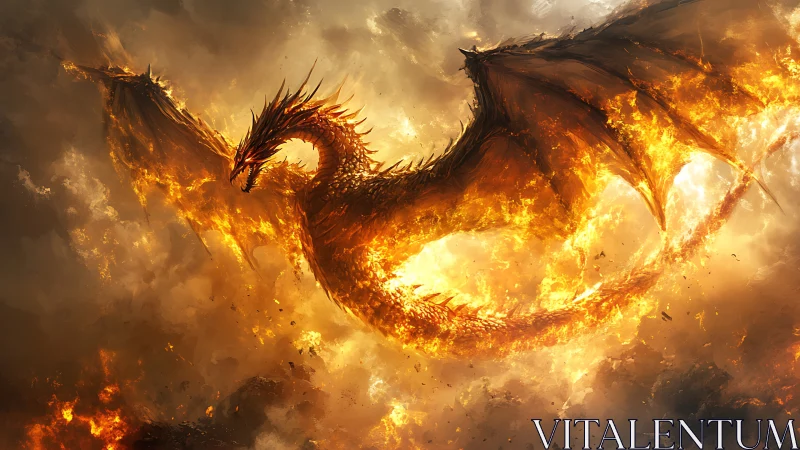 Flaming dragon arcs through storm-lit sky in dynamic suspension