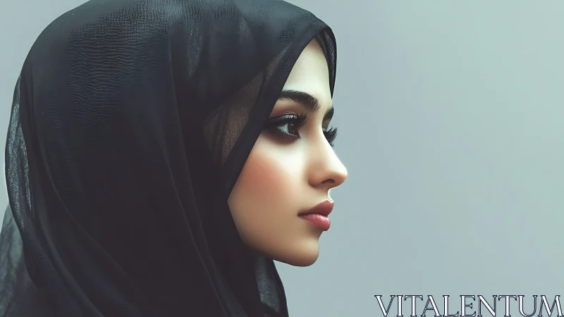 Elegant woman in black hijab, realistic portrait, soft lighting.