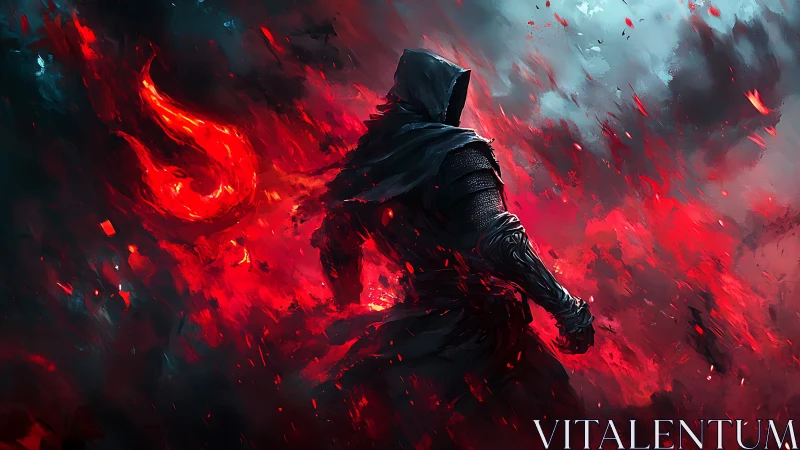 Mystic rogue walks through swirling crimson embers of fire.