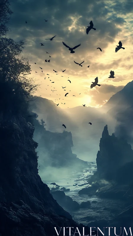 Sunlit cloud cover frames rocky gorge and circling birds