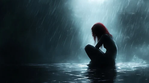 Rain-soaked silhouette curls into midnight&rsquo;s quiet sorrow.