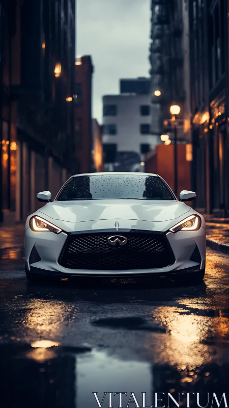 Modern silver sedan is parked on wet urban street at dusk