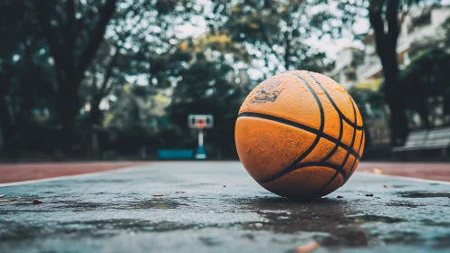 Macro depth-of-field study of wet basketball on court surface.