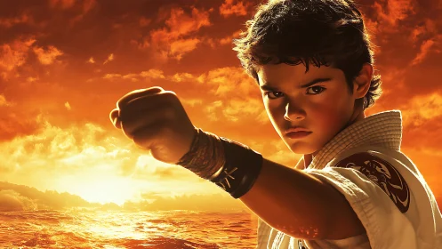 Photorealistic martial youth portrait against sunset horizon.