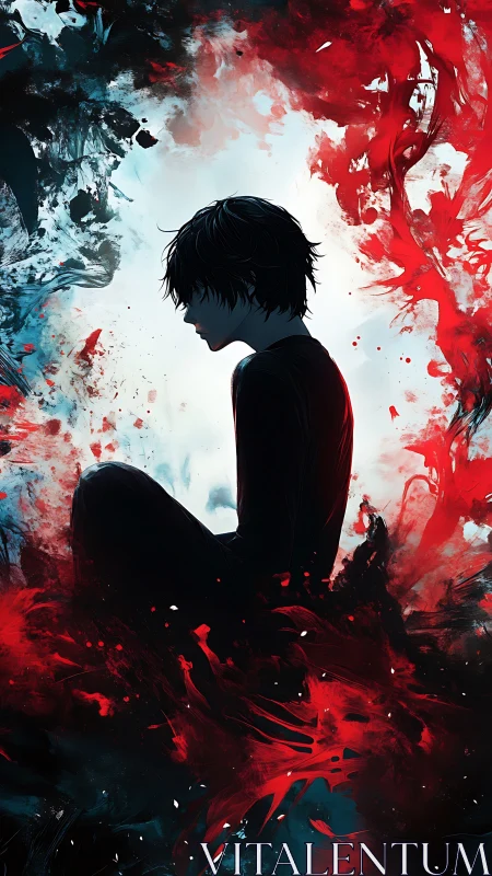 Solitary figure rests in swirling red and blue emotions