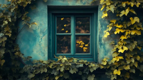 Teal wooden casement window framed by dense golden ivy foliage