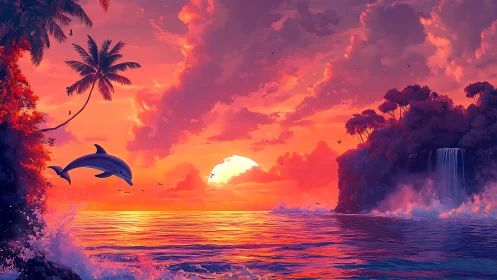 Sunset-drenched waves applaud a dolphin’s soaring arc