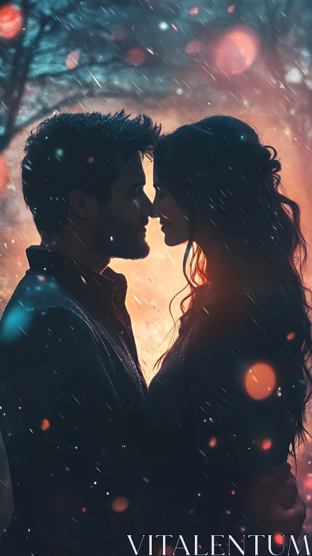 Silhouetted Lovers Embrace Under Rainfall and Starlight.