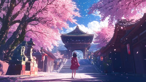 Girl wandering under cherry blossoms toward a quiet temple.