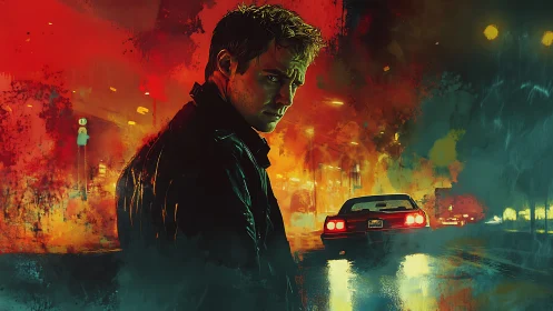 Brooding loner stalks neon street beside idling red car