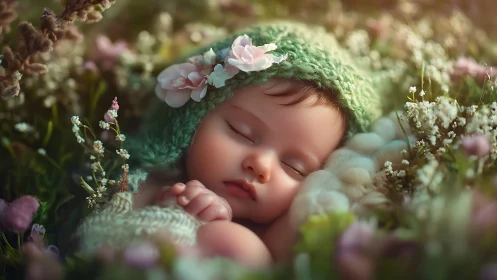 Newborn portrait rendered in soft-focus floral digital painting