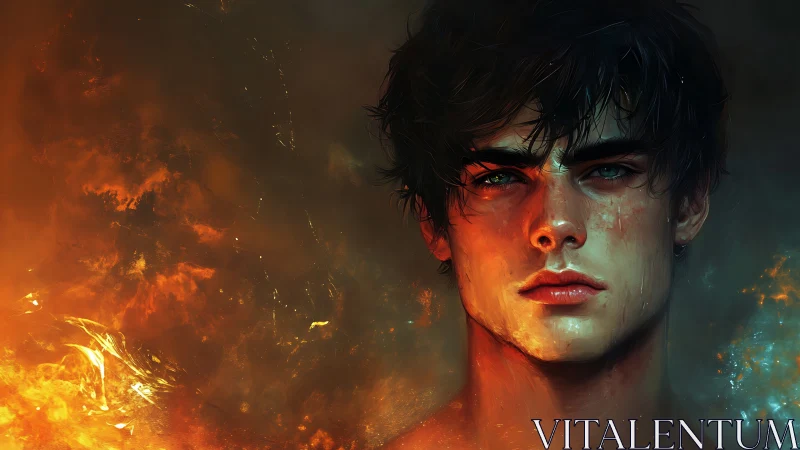Fiery gaze of elemental youth amid swirling embers.