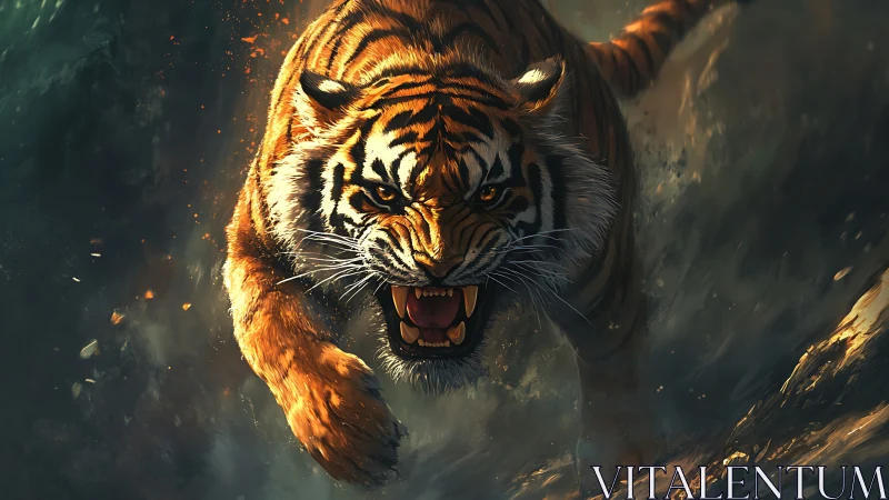 Charging tiger lunges through splashing water with bared fangs