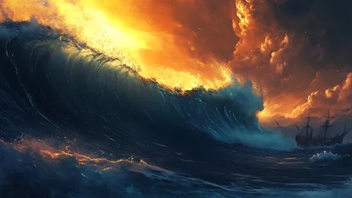 Colossal storm wave engulfing tall ships under blazing sunset