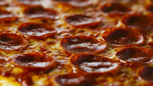 Shallow-depth macro of pepperoni pizza surface texture study.