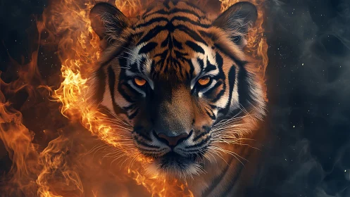 Tiger head framed by surrounding flames on dark background.