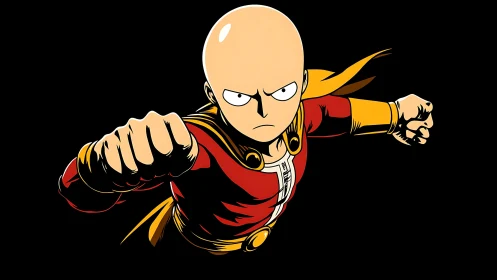 Bald caped hero lunges forward with a powerful punch.