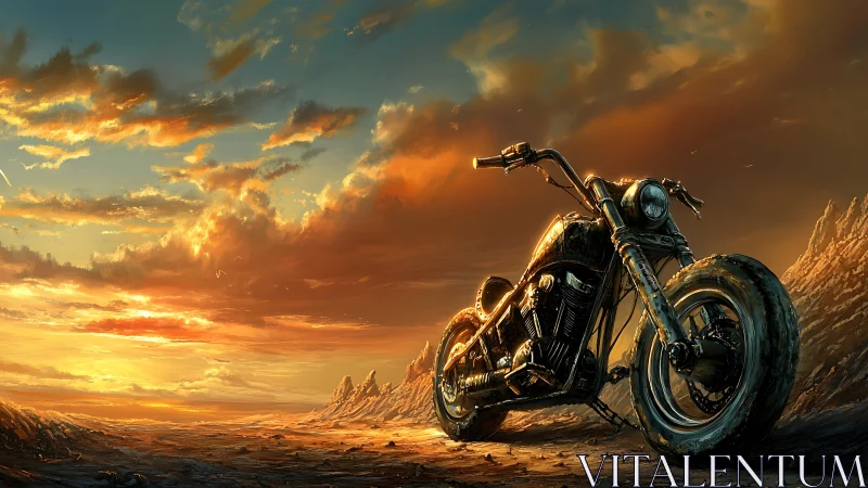Sunset motorcycle waits patiently at the edge of adventure