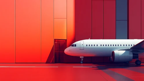 Modern Commercial Aircraft in Red Modernist Hangar