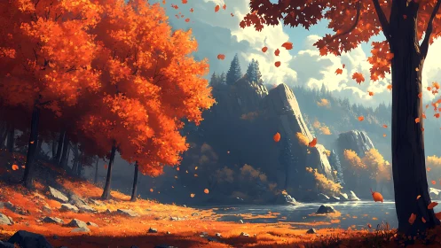 Digital painting of autumn river valley with blazing foliage.