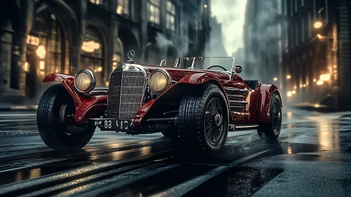 Photorealistic vintage roadster on cinematic wet city street.