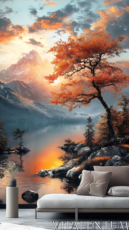 Sunlit mountain mural embracing a calm, cozy bedroom retreat.