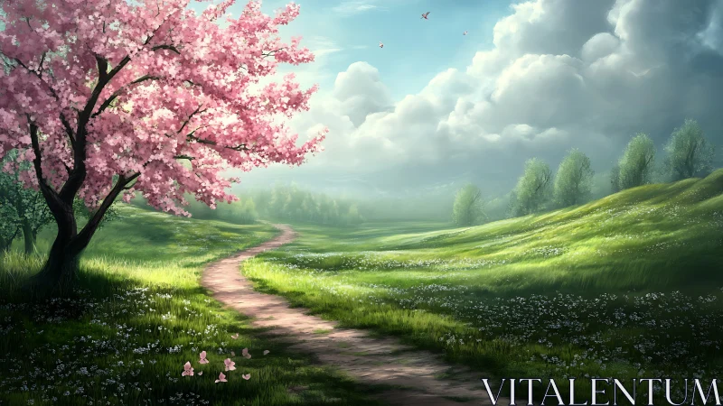 Spring blossom tree beside winding sunlit meadow path.