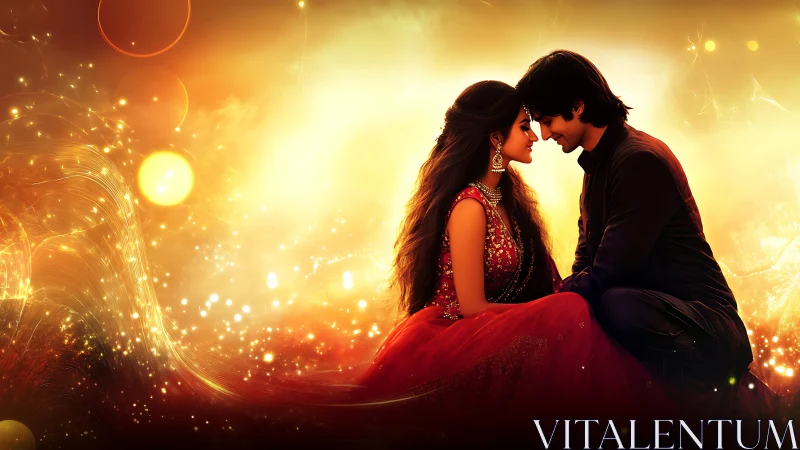 Couple in formal attire positioned against luminous golden particle backdrop.