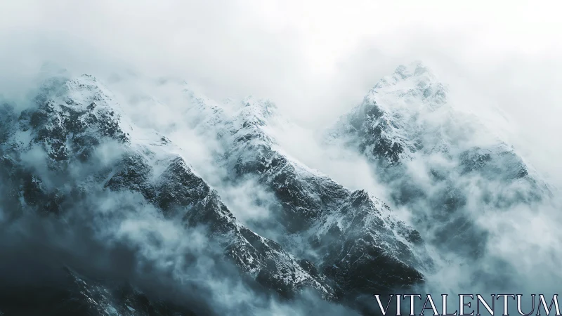 Snow-covered mountain peaks rise through dense swirling mist