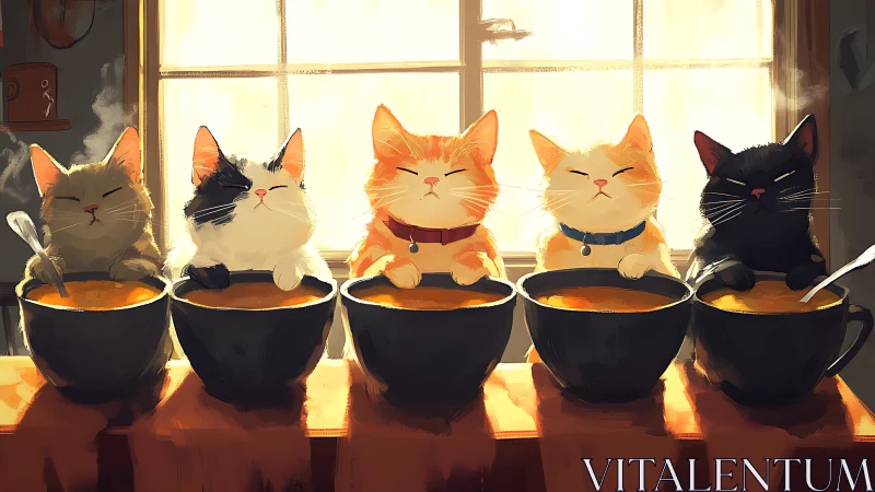 Five Cats Sitting in Cauldrons by Sunlit Window.
