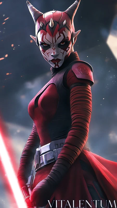 Horned red warrior holds glowing energy blade in storm