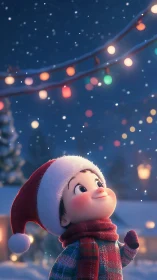Child gazes at snowy Christmas lights in magical night