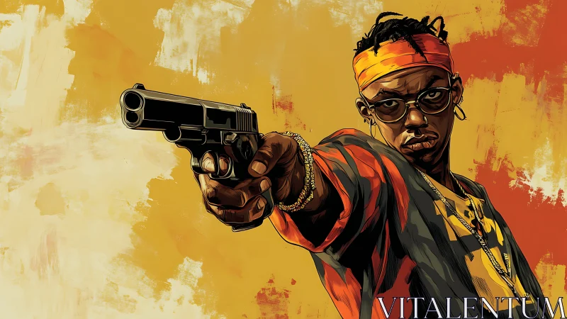 Street figure aims pistol in bold graphic portrait