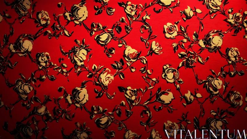 Ornate metallic rose brocade pattern on vivid crimson ground.