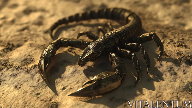 Specular-lit metallic scorpion rendered on granular desert floor.